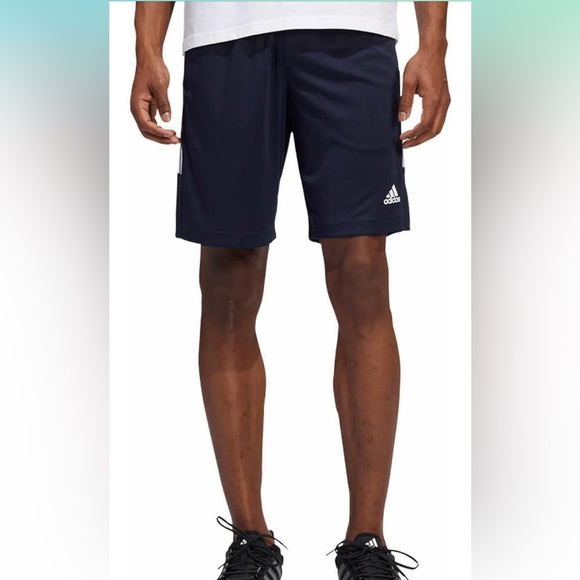 ADIDAS Mens 3S PES Shorts Navy White Stripes Basketball Zipper Pockets Large - Picture 3 of 12
